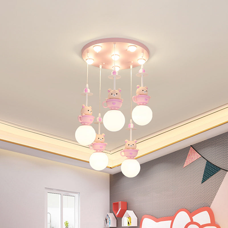 5-Light Nursery Room Suspension Lamp Modern Pink Multi Light Pendant with Global Cream Glass Shade, Warm/White Light Clearhalo 'Ceiling Lights' 'Pendant Lights' 'Pendants' Lighting' 1650471