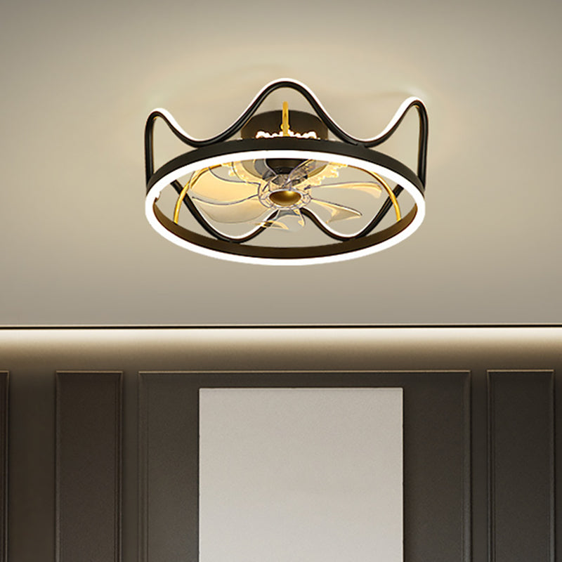 Crown Shape Dinging Room 7-Blade Hanging Fan Light Metallic Modern LED Semi Flush Mount Lamp in Gold/Black, 22