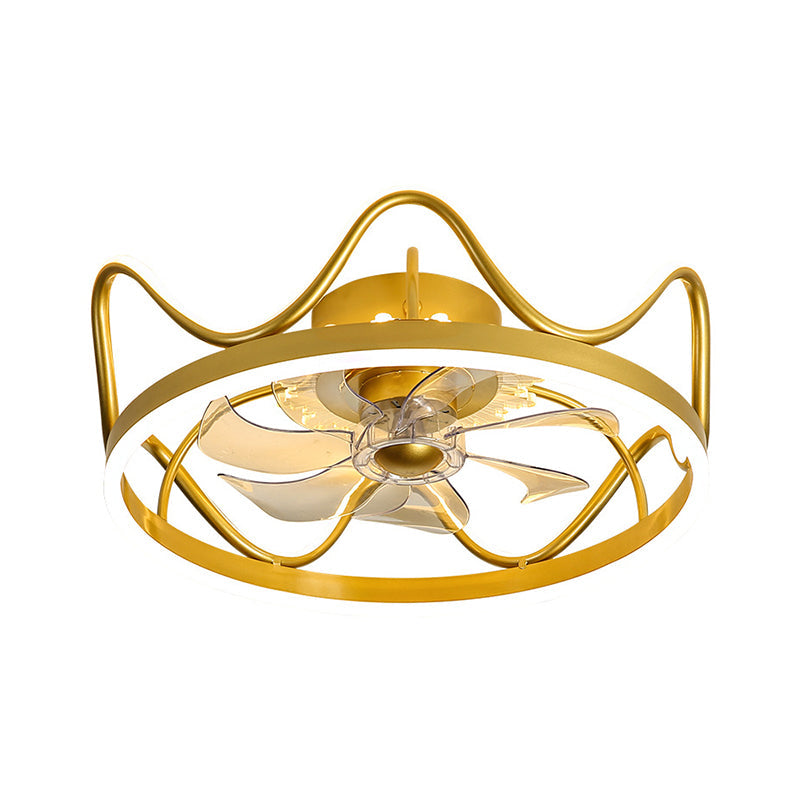 Crown Shape Dinging Room 7-Blade Hanging Fan Light Metallic Modern LED Semi Flush Mount Lamp in Gold/Black, 22