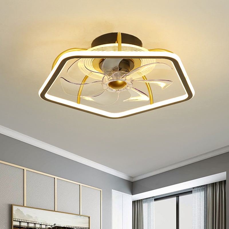 Pentagon Semi Flush Ceiling Light Modern Metal Black/Gold LED Hanging Fan Light with 7 Blades, 18.5