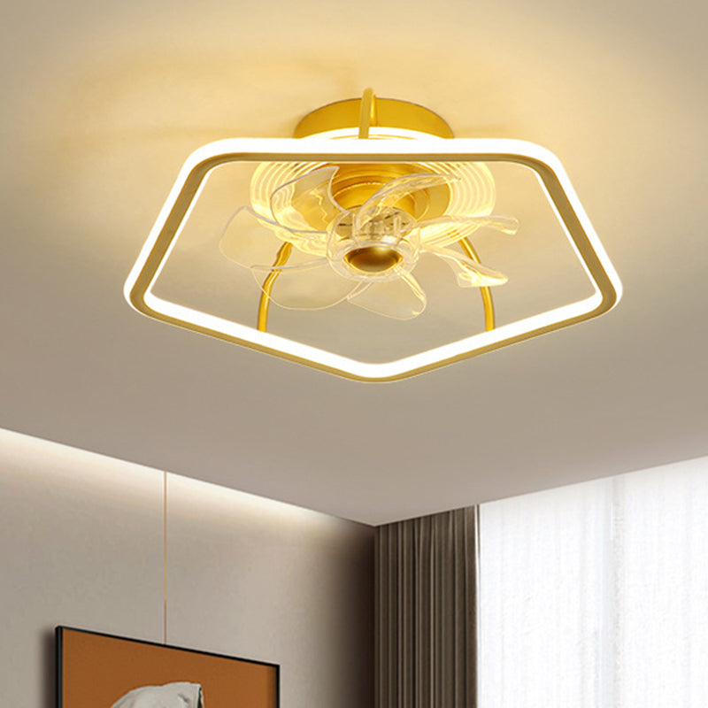 Pentagon Semi Flush Ceiling Light Modern Metal Black/Gold LED Hanging Fan Light with 7 Blades, 18.5