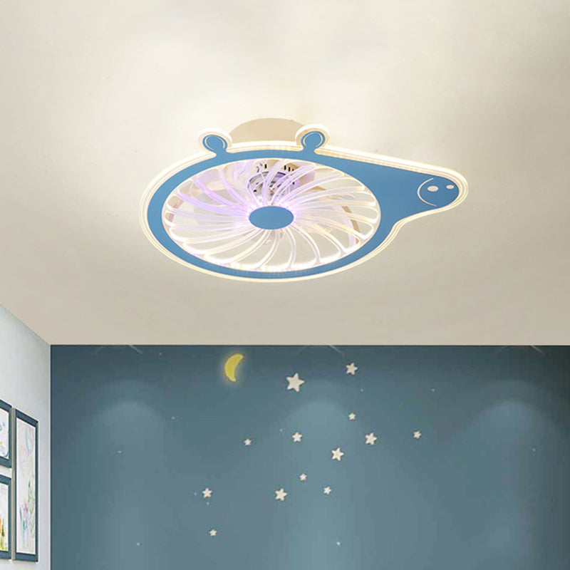 Cartoon Pig Children Room Hanging Fan Fixture Acrylic Simple LED Semi Flush Ceiling Lamp in Pink/Blue, 23.5
