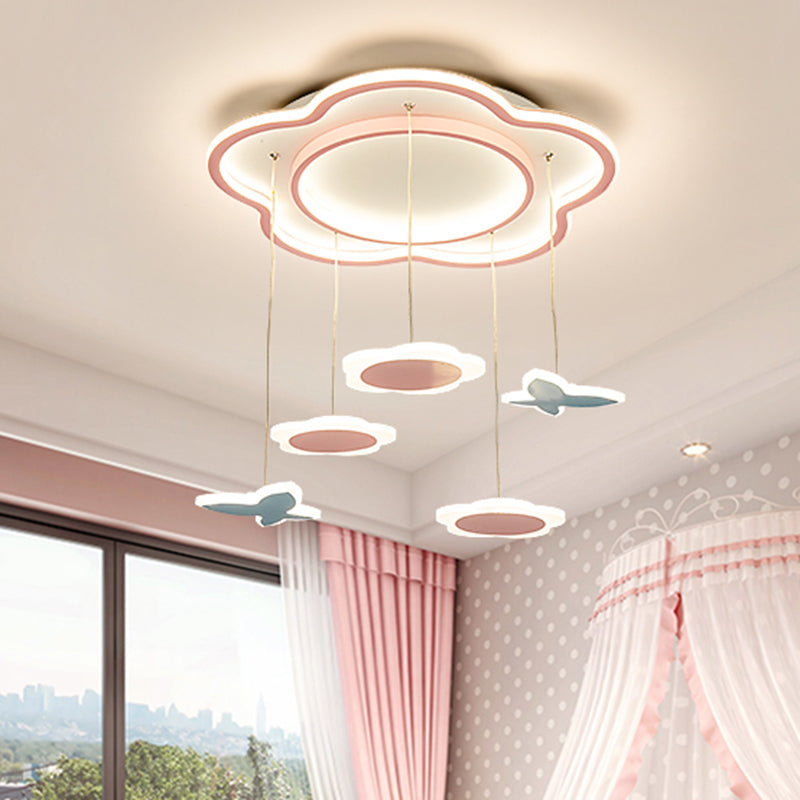 Flower Shape Metallic Multi Ceiling Light Contemporary 5 Lights Pink LED Pendulum Lamp for Girl Room Clearhalo 'Ceiling Lights' 'Pendant Lights' 'Pendants' Lighting' 1650643