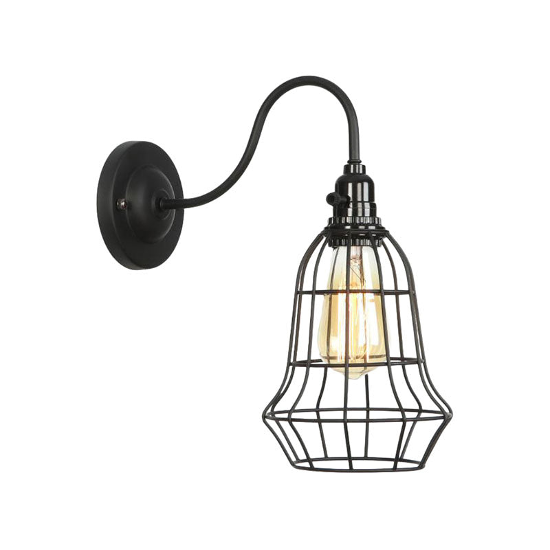 Industrial Globe/Teardrop Cage Wall Sconce Metal 1 Bulb Metallic Wall Lighting with Gooseneck Arm in Black Clearhalo 'Art deco wall lights' 'Cast Iron' 'Glass' 'Industrial wall lights' 'Industrial' 'Middle century wall lights' 'Modern' 'Rustic wall lights' 'Tiffany' 'Traditional wall lights' 'Wall Lamps & Sconces' 'Wall Lights' Lighting' 165086