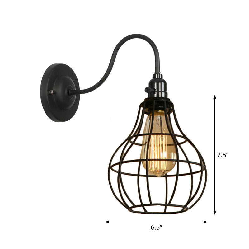 Industrial Globe/Teardrop Cage Wall Sconce Metal 1 Bulb Metallic Wall Lighting with Gooseneck Arm in Black Clearhalo 'Art deco wall lights' 'Cast Iron' 'Glass' 'Industrial wall lights' 'Industrial' 'Middle century wall lights' 'Modern' 'Rustic wall lights' 'Tiffany' 'Traditional wall lights' 'Wall Lamps & Sconces' 'Wall Lights' Lighting' 165093