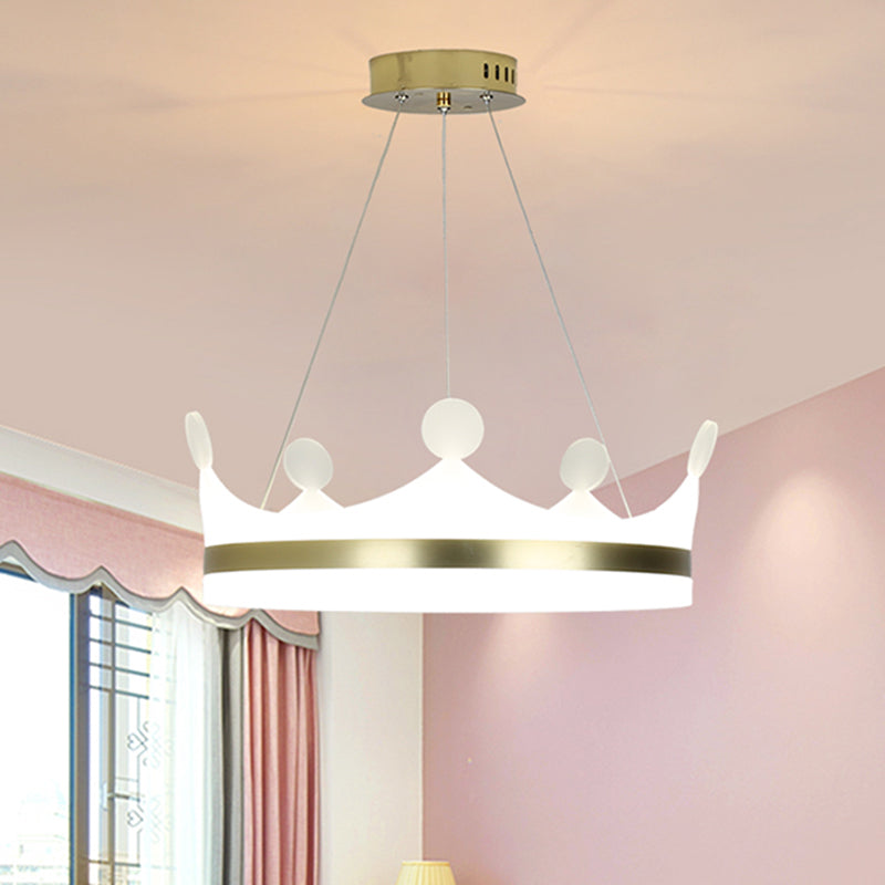 Kids Crown Hanging Lamp Metallic Girls Bedroom LED Chandelier Light in Gold, Warm/White Light Clearhalo 'Ceiling Lights' 'Chandeliers' Lighting' options 1650965