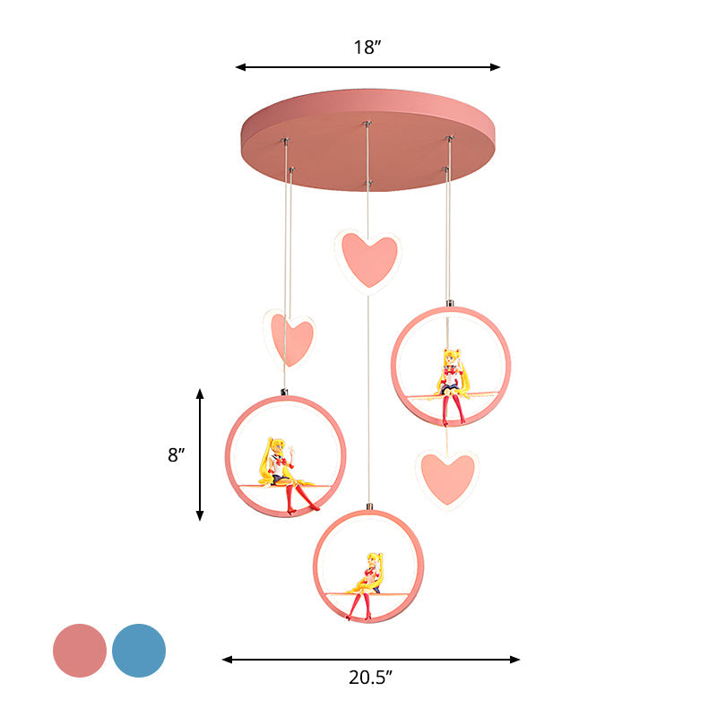 Kids 3 Lights Hanging Lamp with Acrylic Shade Pink/Blue Loving Heart and Ring Chandelier Lighting Clearhalo 'Ceiling Lights' 'Pendant Lights' 'Pendants' Lighting' 1651104