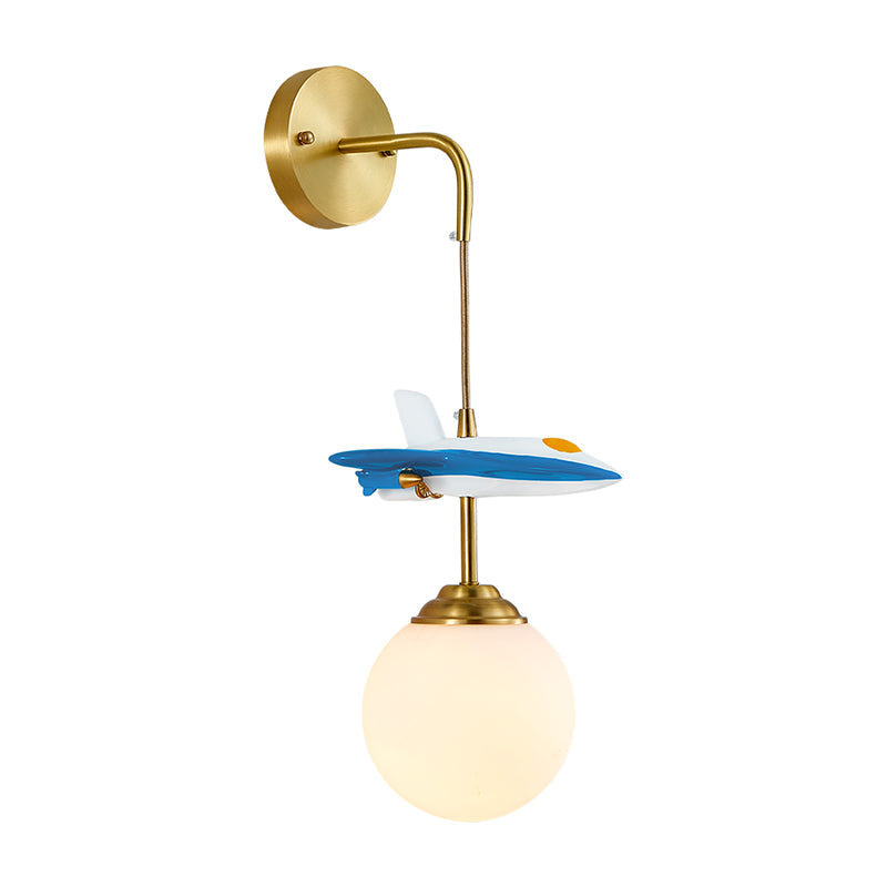 White Glass Globe Wall Lighting Cartoon 1-Light Wall Light Fixture with Plane Decor in Brass Clearhalo 'Wall Lamps & Sconces' 'Wall Lights' Lighting' 1651256