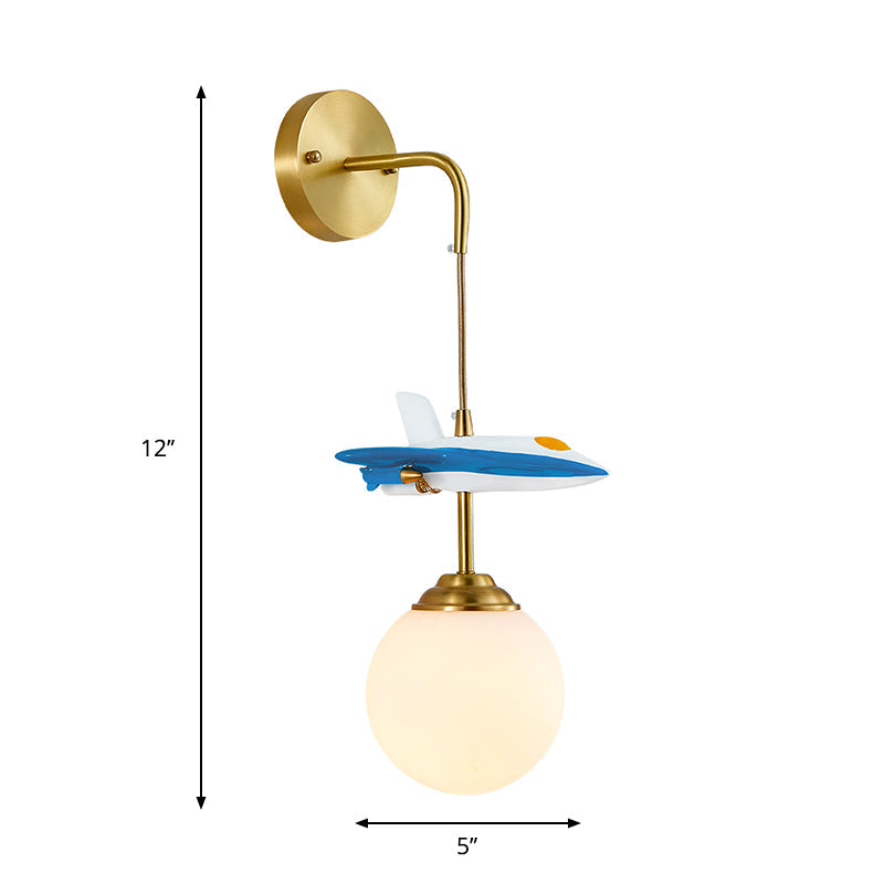 White Glass Globe Wall Lighting Cartoon 1-Light Wall Light Fixture with Plane Decor in Brass Clearhalo 'Wall Lamps & Sconces' 'Wall Lights' Lighting' 1651257