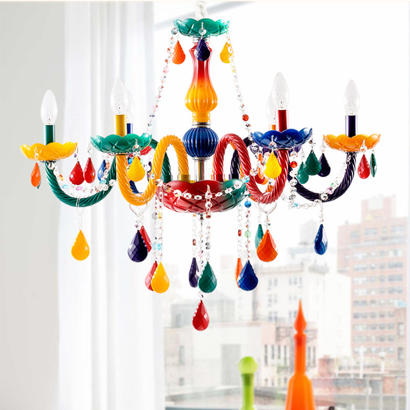 Clear Crystal Candle Pendant Chandelier Kids 6 Bulbs Red and Yellow Hanging Lamp with Adjustable Chain Red-Yellow Clearhalo 'Ceiling Lights' 'Chandeliers' Lighting' options 1651262_3b75e62d-7158-4d9d-a2cb-7d8904b941b7