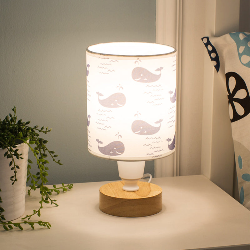 Fabric Cylinder Desk Light Modern 1-Bulb Reading Lamp with Tree/Fish/Cactus Deco and Wooden Base in White White Fish Clearhalo 'Lamps' 'Table Lamps' Lighting' 1651353