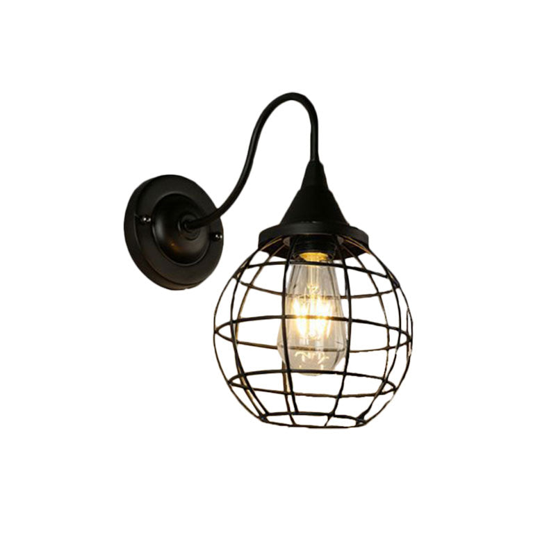 Rustic Style Ball Cage Wall Lighting with Gooseneck Arm 1 Bulb Iron Wall Sconce in Rust/Black Finish Clearhalo 'Art deco wall lights' 'Cast Iron' 'Glass' 'Industrial wall lights' 'Industrial' 'Middle century wall lights' 'Modern' 'Rustic wall lights' 'Tiffany' 'Traditional wall lights' 'Wall Lamps & Sconces' 'Wall Lights' Lighting' 165154