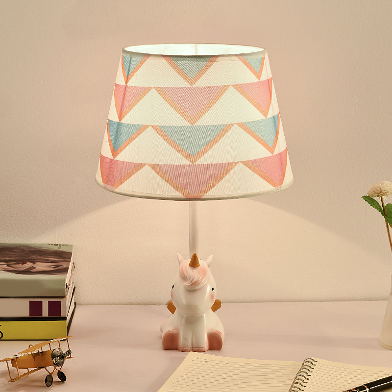 Fabric Cone Reading Lamp Cartoon 1 Light White/Pink/Blue Table Light with Rainbow Unicorn Base Pink Clearhalo 'Lamps' 'Table Lamps' Lighting' 1651551