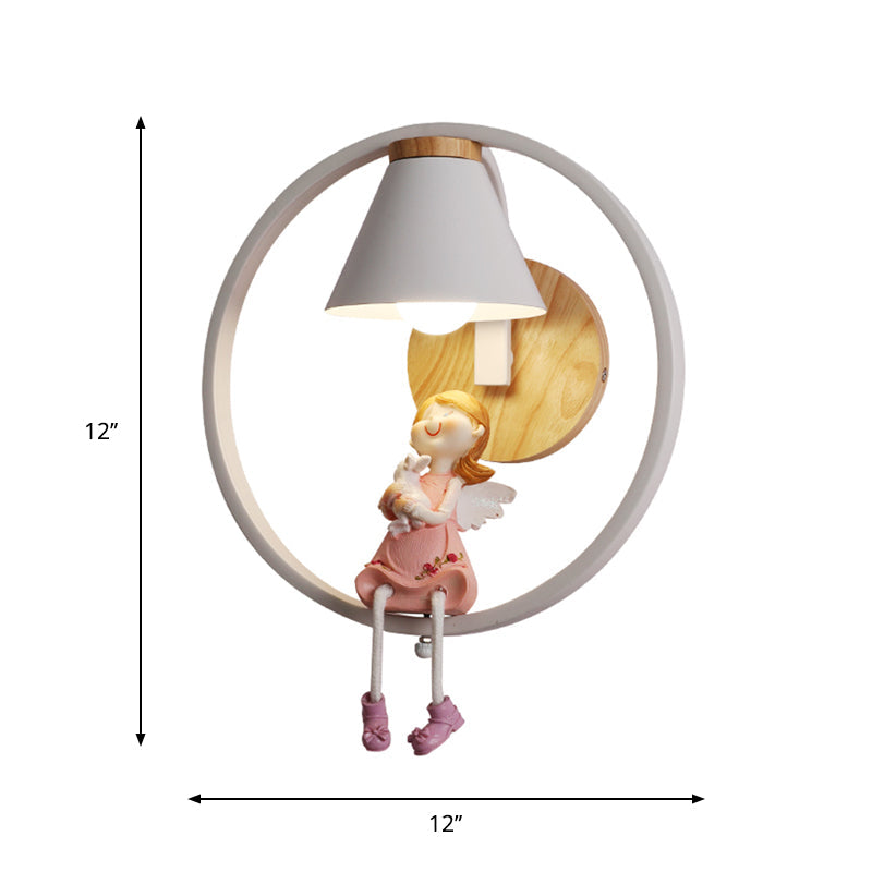 Deer/Angel Girl Wall Light Cartoon Metal 1 Light Pink/Blue Wall Lighting with Conical Fabric Shade and Ring Clearhalo 'Wall Lamps & Sconces' 'Wall Lights' Lighting' 1651633