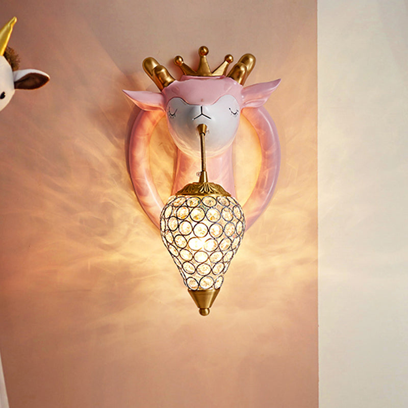 Teardrop Bedroom Wall Mounted Light Metal 1 Bulb Kids Wall Sconce Lighting with Deer Backplate in Pink/Blue Clearhalo 'Wall Lamps & Sconces' 'Wall Lights' Lighting' 1651639