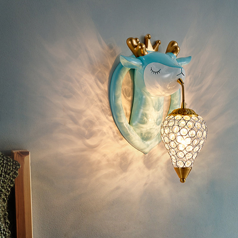 Teardrop Bedroom Wall Mounted Light Metal 1 Bulb Kids Wall Sconce Lighting with Deer Backplate in Pink/Blue Clearhalo 'Wall Lamps & Sconces' 'Wall Lights' Lighting' 1651645