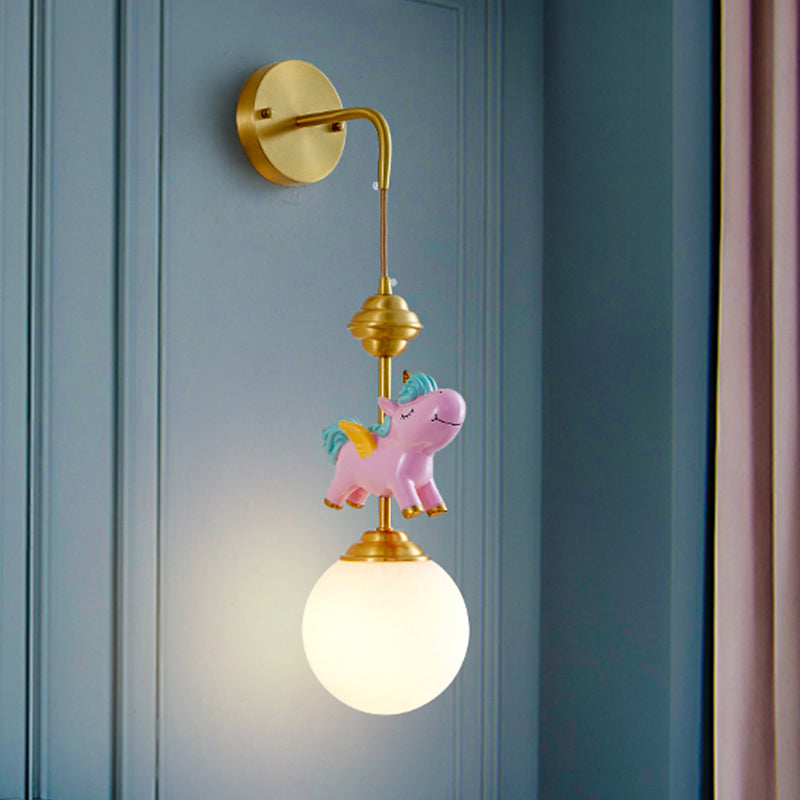 Kids Globe Wall Mount White Glass Single Head Bedroom Wall Mounted Lamp in Brass with Pink/Blue Unicorn Decor Clearhalo 'Wall Lamps & Sconces' 'Wall Lights' Lighting' 1651649