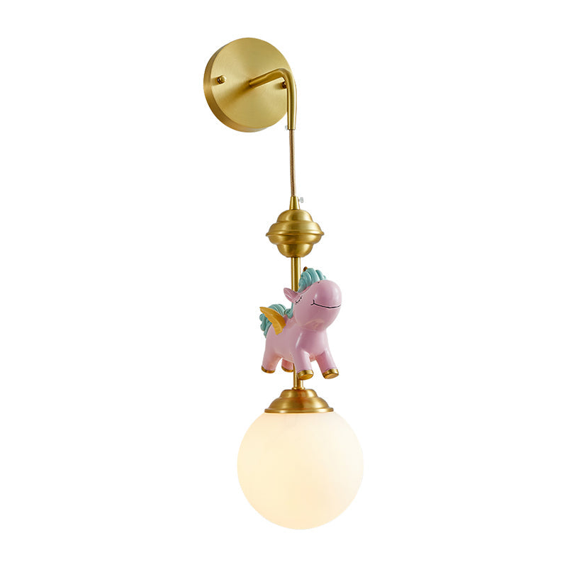 Kids Globe Wall Mount White Glass Single Head Bedroom Wall Mounted Lamp in Brass with Pink/Blue Unicorn Decor Clearhalo 'Wall Lamps & Sconces' 'Wall Lights' Lighting' 1651650