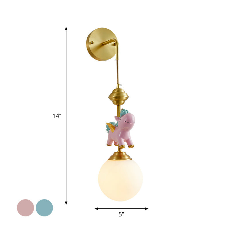 Kids Globe Wall Mount White Glass Single Head Bedroom Wall Mounted Lamp in Brass with Pink/Blue Unicorn Decor Clearhalo 'Wall Lamps & Sconces' 'Wall Lights' Lighting' 1651651