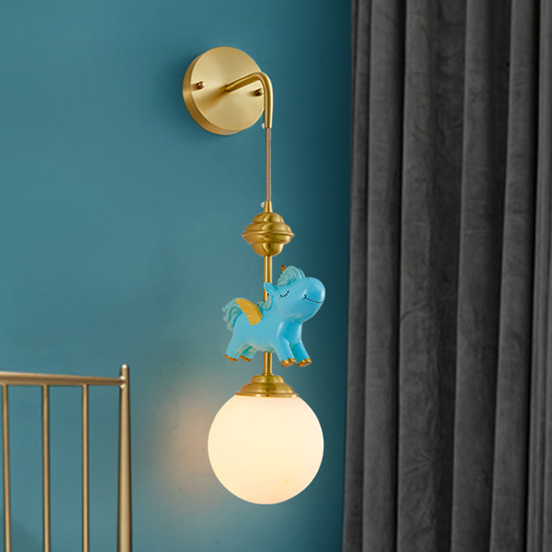 Kids Globe Wall Mount White Glass Single Head Bedroom Wall Mounted Lamp in Brass with Pink/Blue Unicorn Decor Clearhalo 'Wall Lamps & Sconces' 'Wall Lights' Lighting' 1651653