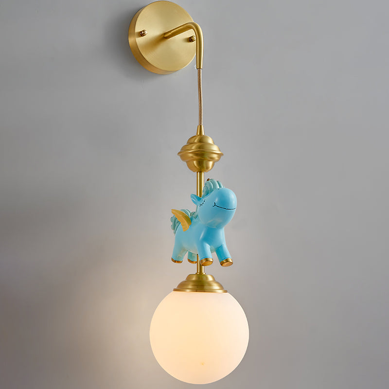 Kids Globe Wall Mount White Glass Single Head Bedroom Wall Mounted Lamp in Brass with Pink/Blue Unicorn Decor Clearhalo 'Wall Lamps & Sconces' 'Wall Lights' Lighting' 1651654