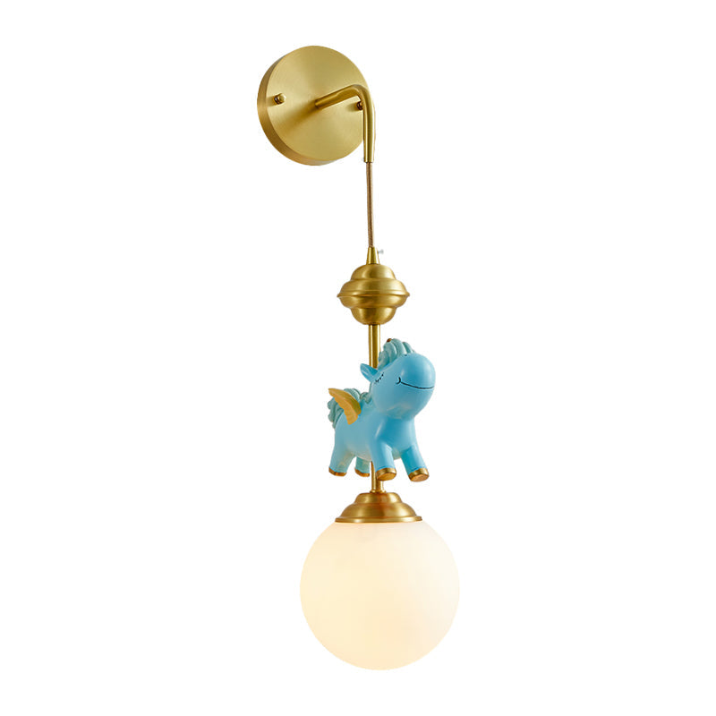 Kids Globe Wall Mount White Glass Single Head Bedroom Wall Mounted Lamp in Brass with Pink/Blue Unicorn Decor Clearhalo 'Wall Lamps & Sconces' 'Wall Lights' Lighting' 1651655