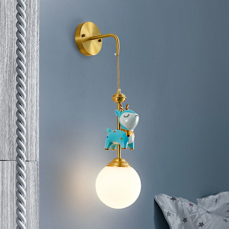 Opal Glass Global Wall Light Fixture Cartoon 1 Light Gold Wall Lamp with Blue Deer Decor Blue Clearhalo 'Wall Lamps & Sconces' 'Wall Lights' Lighting' 1651656