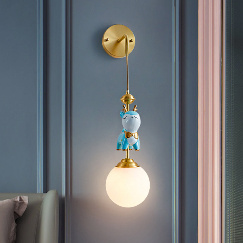 Opal Glass Global Wall Light Fixture Cartoon 1 Light Gold Wall Lamp with Blue Deer Decor Clearhalo 'Wall Lamps & Sconces' 'Wall Lights' Lighting' 1651657