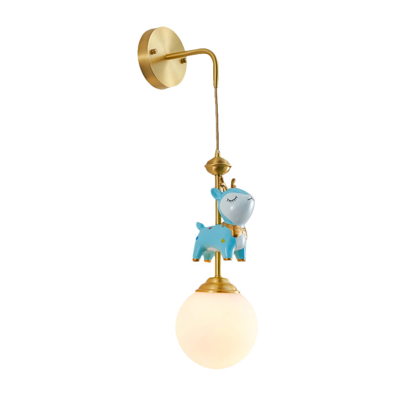 Opal Glass Global Wall Light Fixture Cartoon 1 Light Gold Wall Lamp with Blue Deer Decor Clearhalo 'Wall Lamps & Sconces' 'Wall Lights' Lighting' 1651658