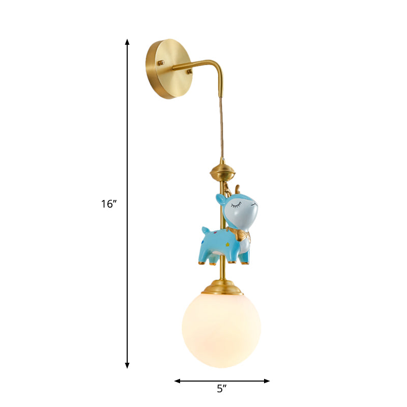 Opal Glass Global Wall Light Fixture Cartoon 1 Light Gold Wall Lamp with Blue Deer Decor Clearhalo 'Wall Lamps & Sconces' 'Wall Lights' Lighting' 1651659