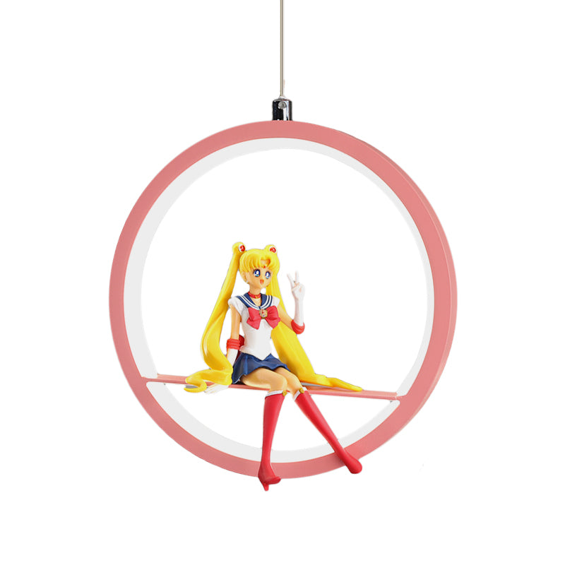 Round Girls Bedroom Pendant Chandelier Metallic LED Cartoon Hanging Light with Girl Decor in Pink/Blue Clearhalo 'Ceiling Lights' 'Pendant Lights' 'Pendants' Lighting' 1651734