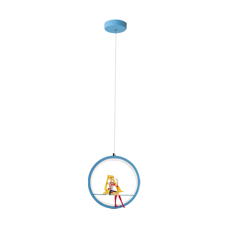 Round Girls Bedroom Pendant Chandelier Metallic LED Cartoon Hanging Light with Girl Decor in Pink/Blue Clearhalo 'Ceiling Lights' 'Pendant Lights' 'Pendants' Lighting' 1651739