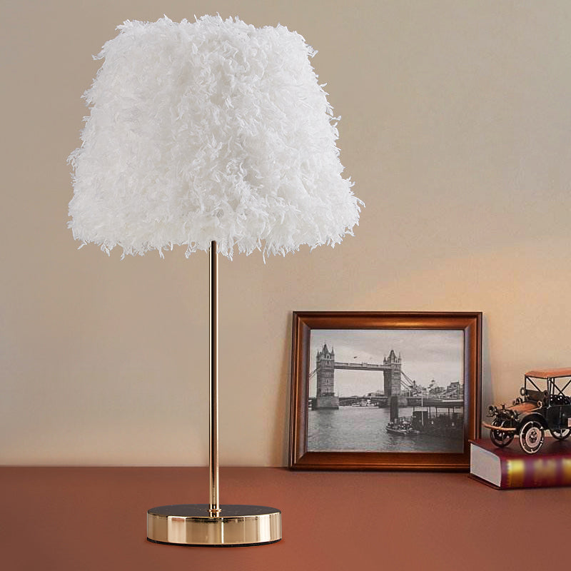 Pink/White Feather Conical Nightstand Lamp Modernist 1-Head Reading Book Light with White/Gold Base Gold White Clearhalo 'Lamps' 'Table Lamps' Lighting' 1652023