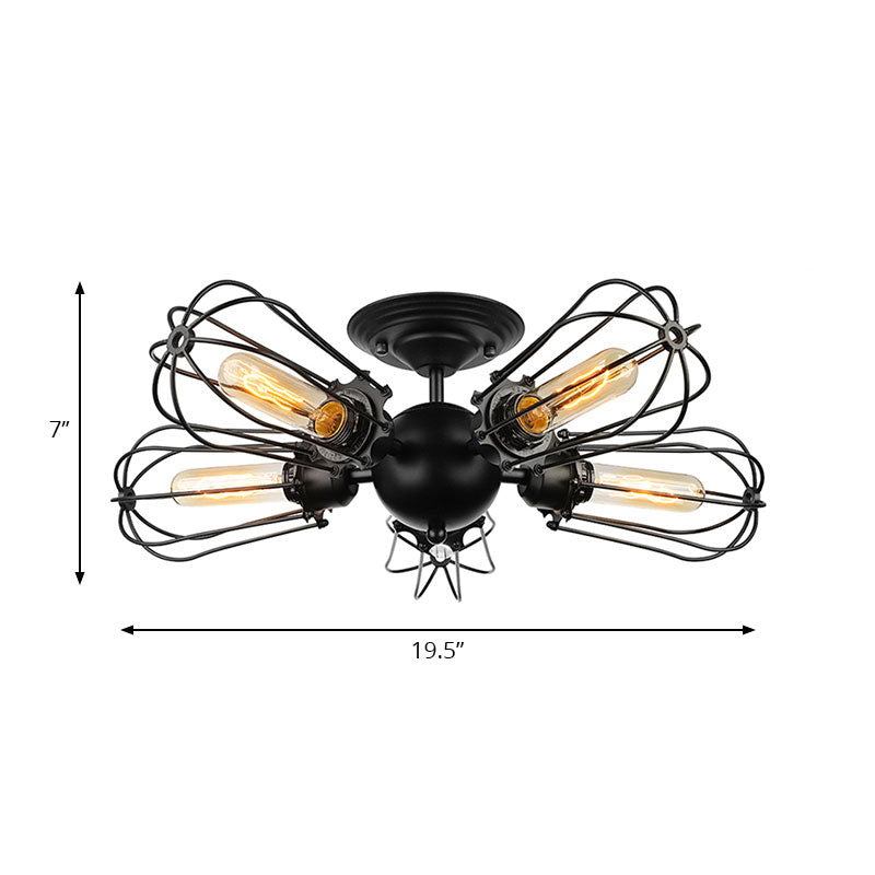 Vintage Bulb Shaped Semi Flush Mount Light with Wire Frame 3/5 Lights Metal Ceiling Light in Black for Farmhouse Clearhalo 'Ceiling Lights' 'Close To Ceiling Lights' 'Close to ceiling' 'Semi-flushmount' Lighting' 165304