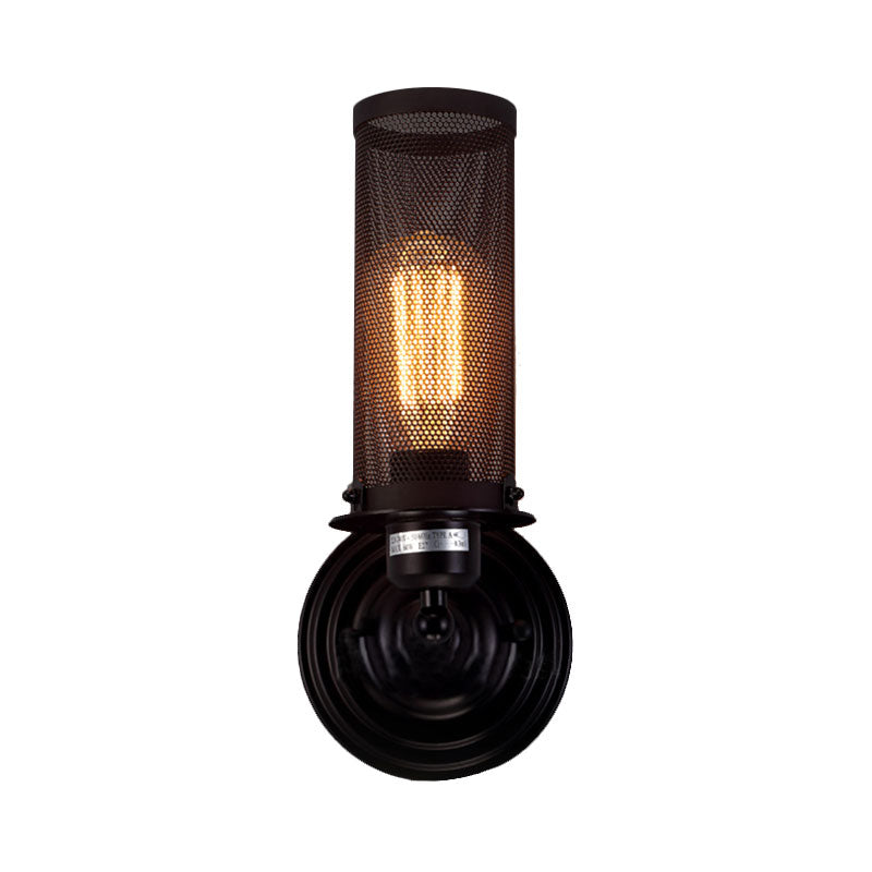 Cylinder Iron Wall Sconce Lighting with Mesh Shade Antique Style 1/2-Bulb Farmhouse Wall Mounted Lamp in Black Clearhalo 'Art deco wall lights' 'Cast Iron' 'Glass' 'Industrial wall lights' 'Industrial' 'Middle century wall lights' 'Modern' 'Rustic wall lights' 'Tiffany' 'Traditional wall lights' 'Wall Lamps & Sconces' 'Wall Lights' Lighting' 165360