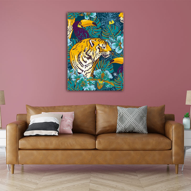 Toucan and Tiger Canvas Prints Tropical Decorative Parlor Wall Art Decor in Orange Orange Clearhalo 'Art Gallery' 'Canvas Art' 'Kids' Arts' 1653735