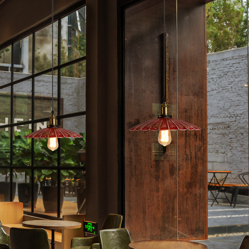 Red Scalloped Shade Hanging Light Fixture Rustic Style Metallic 1 Bulb Coffee Shop Pendant Lamp Clearhalo 'Art Deco Pendants' 'Cast Iron' 'Ceiling Lights' 'Ceramic' 'Crystal' 'Industrial Pendants' 'Industrial' 'Metal' 'Middle Century Pendants' 'Pendant Lights' 'Pendants' 'Tiffany' Lighting' 165395