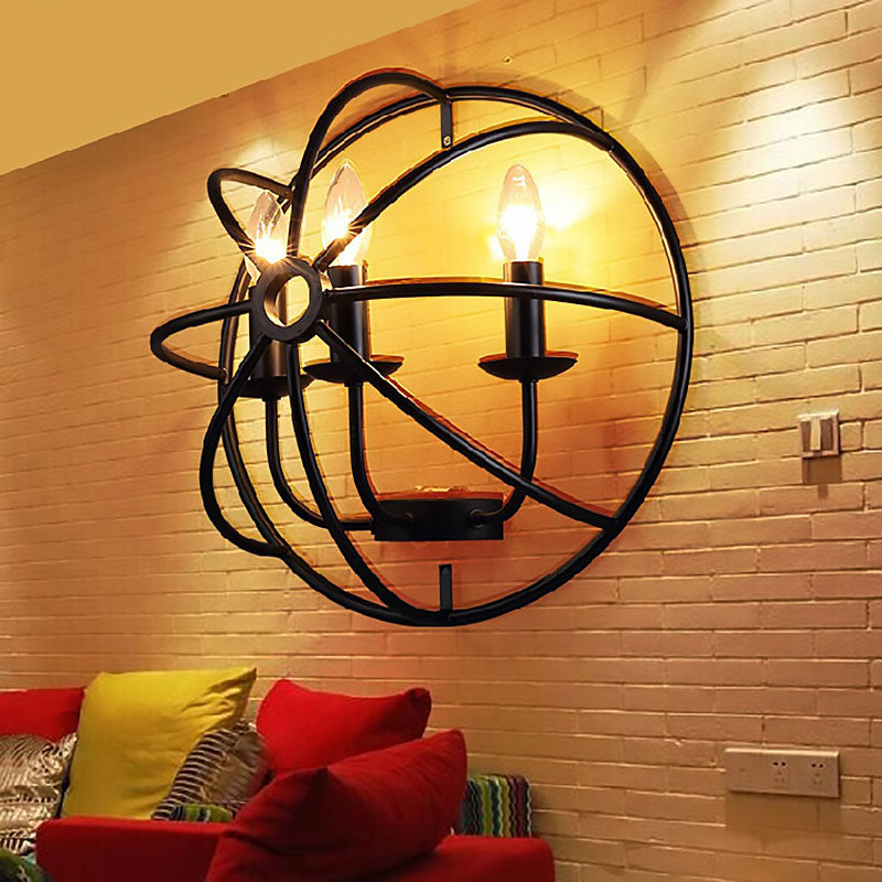 Circle Caged Iron Wall Lighting with Candle Design Industrial 2/3 Lights Dining Room Wall Sconce Light in Black 3.0 Black Clearhalo 'Art deco wall lights' 'Cast Iron' 'Glass' 'Industrial wall lights' 'Industrial' 'Middle century wall lights' 'Modern' 'Rustic wall lights' 'Tiffany' 'Traditional wall lights' 'Wall Lamps & Sconces' 'Wall Lights' Lighting' 165420