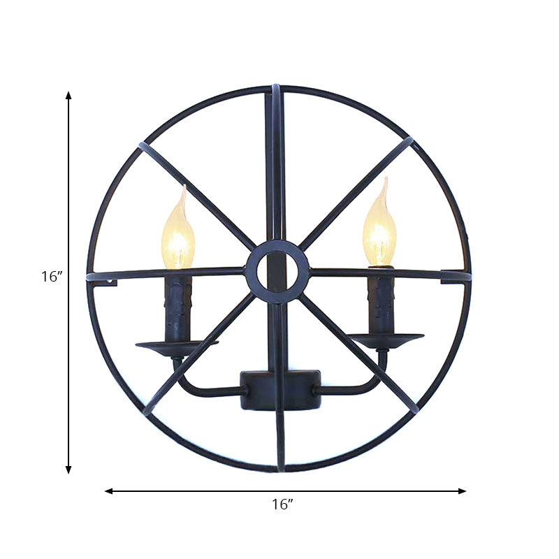 Circle Caged Iron Wall Lighting with Candle Design Industrial 2/3 Lights Dining Room Wall Sconce Light in Black Clearhalo 'Art deco wall lights' 'Cast Iron' 'Glass' 'Industrial wall lights' 'Industrial' 'Middle century wall lights' 'Modern' 'Rustic wall lights' 'Tiffany' 'Traditional wall lights' 'Wall Lamps & Sconces' 'Wall Lights' Lighting' 165427