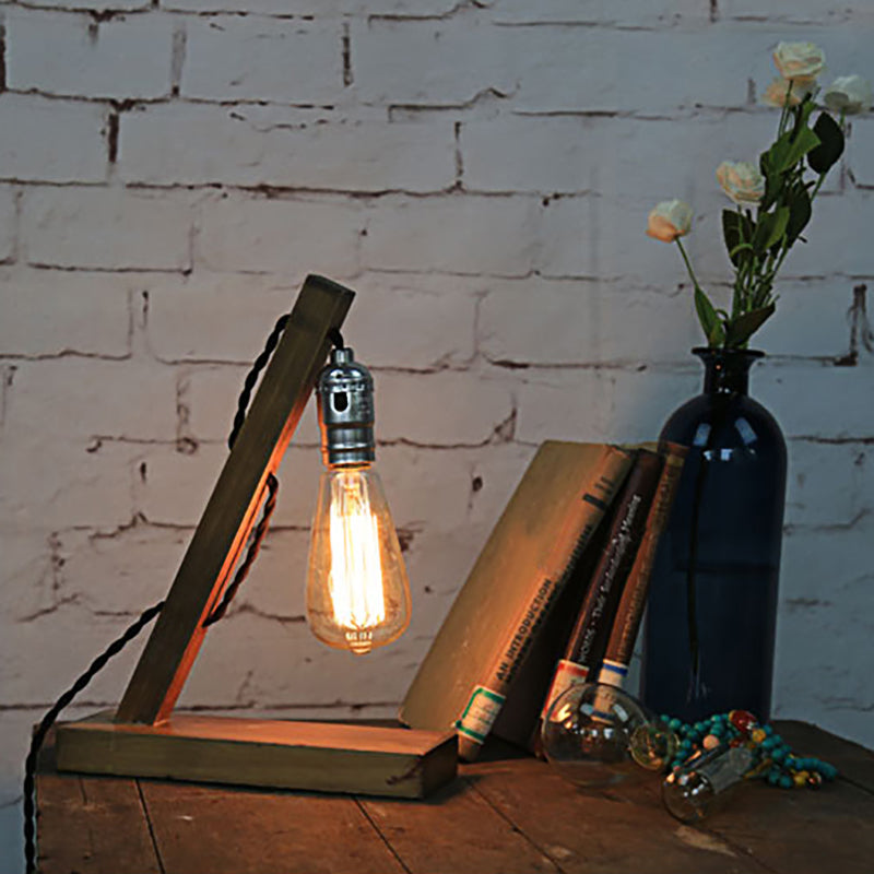 Mini Bedroom Table Light Vintage Style Wood 1 Light Brown Standing Table Lamp with Open Bulb and Plug In Cord Clearhalo 'Lamps' 'Table Lamps' Lighting' 165509