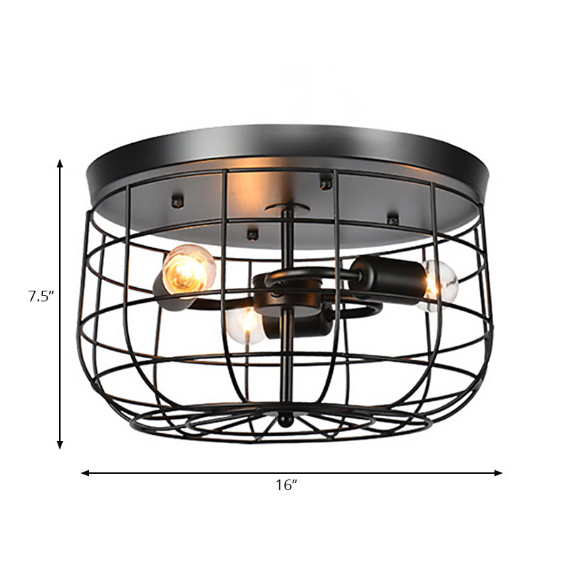 Wire Cage Metal Flush Mount Lighting Industrial 3 Lights Restaurant Flush Pendant Light in Black Finish Clearhalo 'Ceiling Lights' 'Close To Ceiling Lights' 'Close to ceiling' 'Semi-flushmount' Lighting' 165621