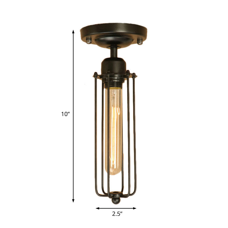 1 Bulb Linear Cage Semi Flush Light Vintage Industrial Black Finish Iron Ceiling Light Fixture for Hallway Clearhalo 'Ceiling Lights' 'Close To Ceiling Lights' 'Close to ceiling' 'Semi-flushmount' Lighting' 165774