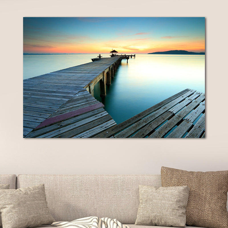 Tranquil Sea Bridge Scenery Canvas Art for Living Room Sunset Landscape Wall Decor Blue Clearhalo 'Art Gallery' 'Canvas Art' 'Contemporary Art Gallery' 'Modern' Arts' 1658109