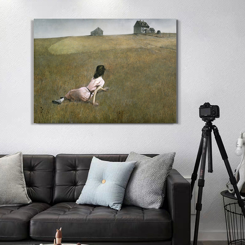 Woman on the Meadow Art Print Farmhouse Canvas Painting in Green for Living Room Green Clearhalo 'Art Gallery' 'Canvas Art' 'Country Art Gallery' 'French Country' 'Rustic' Arts' 1658149