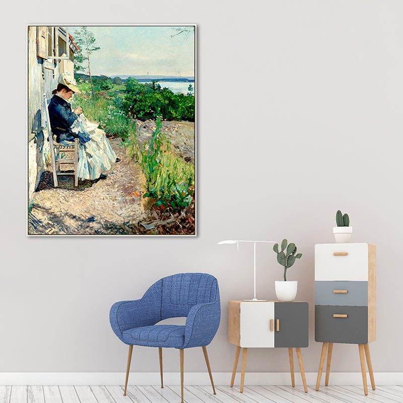 Woman Sewing in Courtyard Canvas Wall Art Green Farmhouse Painting for Living Room Clearhalo 'Art Gallery' 'Canvas Art' 'Country Art Gallery' 'French Country' 'Rustic' Arts' 1659091