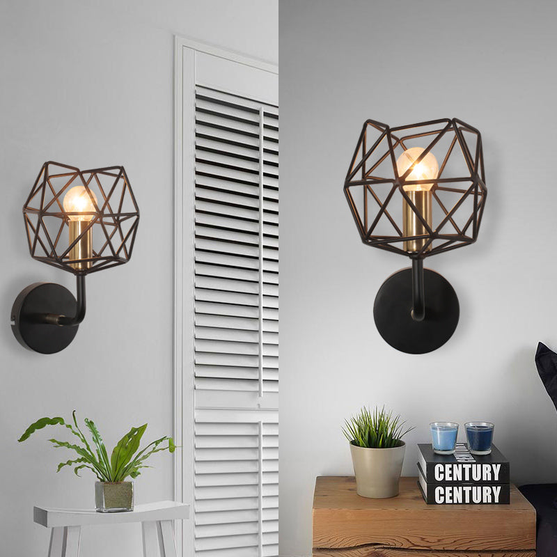 Black Polyhedron Globe Wall Sconce Light Vintage Retro Metal 1 Light Bedroom Wall Mount Light Black Clearhalo 'Art deco wall lights' 'Cast Iron' 'Glass' 'Industrial wall lights' 'Industrial' 'Middle century wall lights' 'Modern' 'Rustic wall lights' 'Tiffany' 'Traditional wall lights' 'Wall Lamps & Sconces' 'Wall Lights' Lighting' 165914