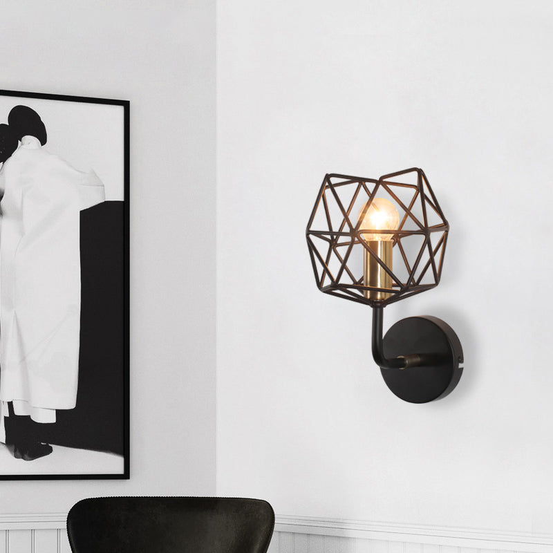 Black Polyhedron Globe Wall Sconce Light Vintage Retro Metal 1 Light Bedroom Wall Mount Light Clearhalo 'Art deco wall lights' 'Cast Iron' 'Glass' 'Industrial wall lights' 'Industrial' 'Middle century wall lights' 'Modern' 'Rustic wall lights' 'Tiffany' 'Traditional wall lights' 'Wall Lamps & Sconces' 'Wall Lights' Lighting' 165915