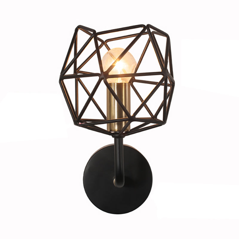 Black Polyhedron Globe Wall Sconce Light Vintage Retro Metal 1 Light Bedroom Wall Mount Light Clearhalo 'Art deco wall lights' 'Cast Iron' 'Glass' 'Industrial wall lights' 'Industrial' 'Middle century wall lights' 'Modern' 'Rustic wall lights' 'Tiffany' 'Traditional wall lights' 'Wall Lamps & Sconces' 'Wall Lights' Lighting' 165916