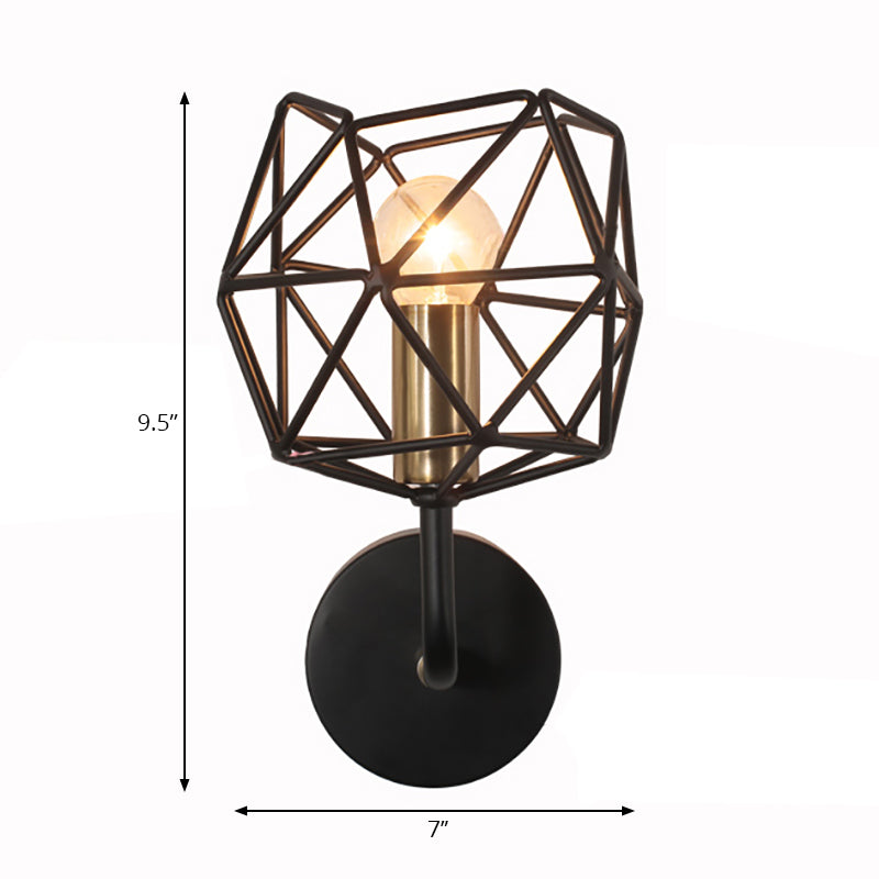 Black Polyhedron Globe Wall Sconce Light Vintage Retro Metal 1 Light Bedroom Wall Mount Light Clearhalo 'Art deco wall lights' 'Cast Iron' 'Glass' 'Industrial wall lights' 'Industrial' 'Middle century wall lights' 'Modern' 'Rustic wall lights' 'Tiffany' 'Traditional wall lights' 'Wall Lamps & Sconces' 'Wall Lights' Lighting' 165917