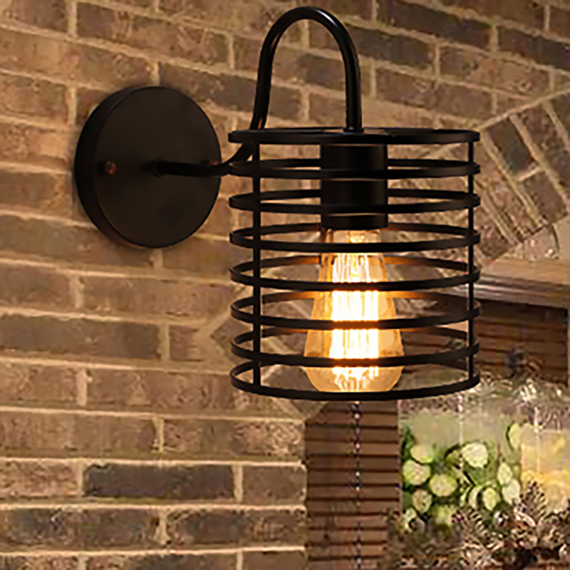 Metal Cylinder Caged Wall Lamp with Gooseneck Arm Retro 1 Head Corridor Wall Sconce Light in Black, 8.5